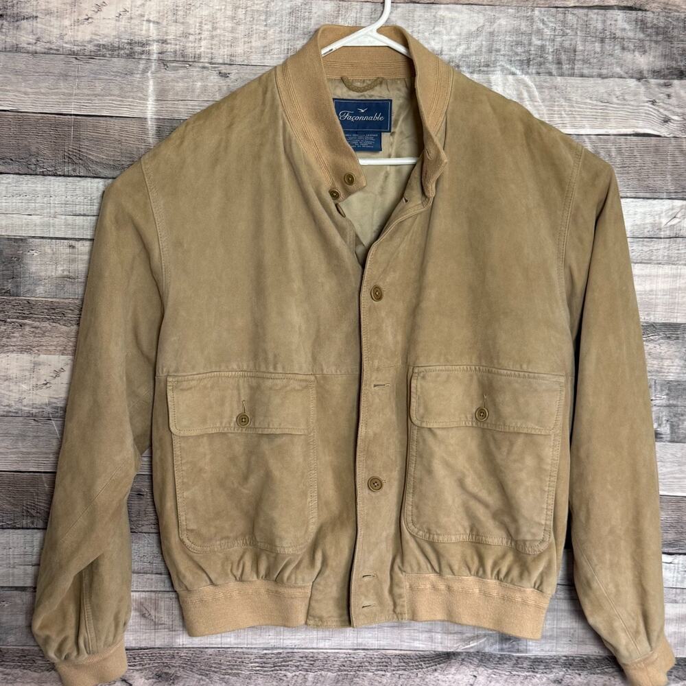 Vintage Faconnable Goatskin Suede Bomber Jacket Mens Large Tan Button Up